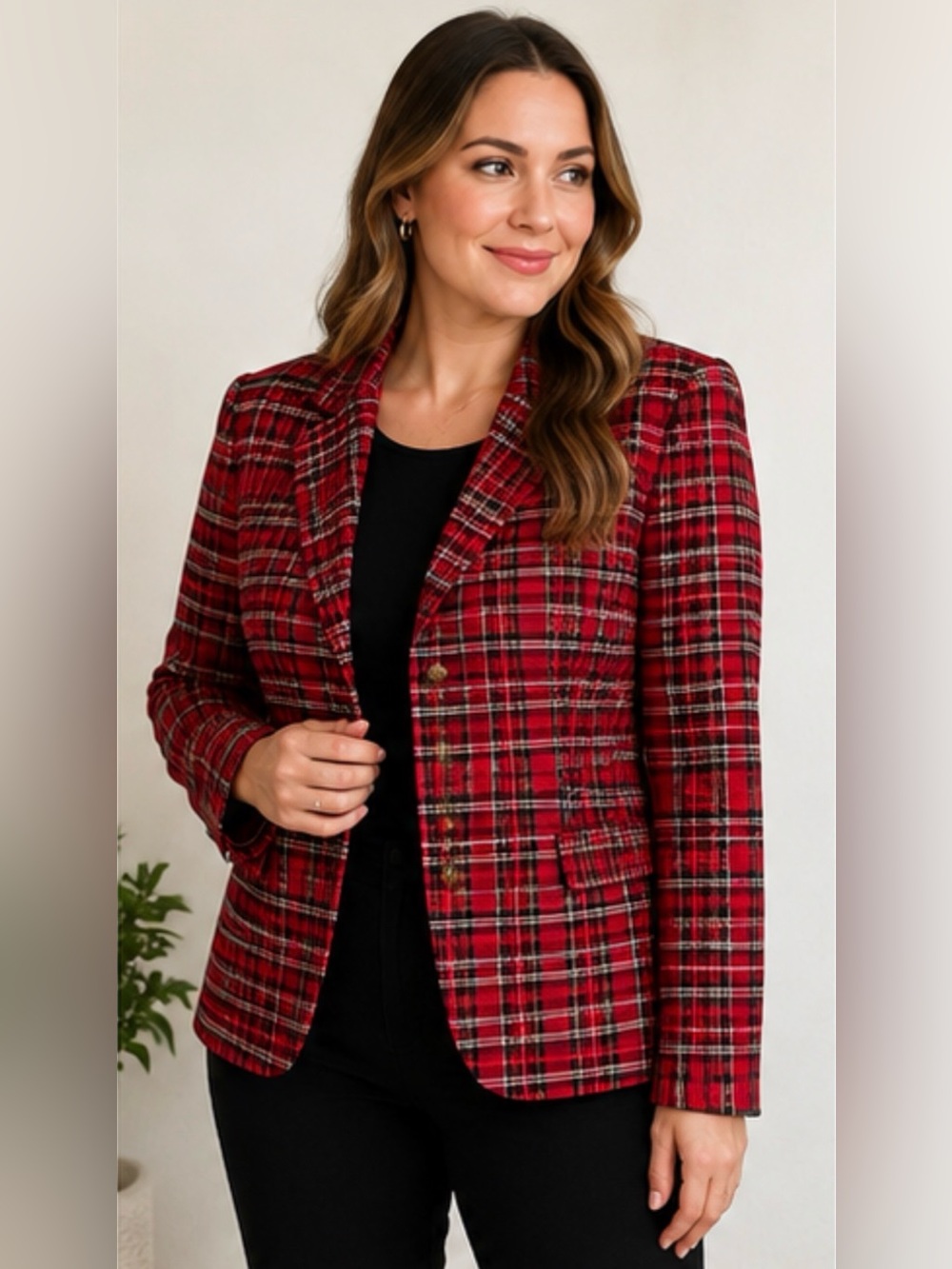 Tommy Hilfiger Red Plaid Button-Up Blazer Jacket Women’s XL - Picture 2 of 9